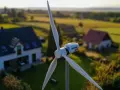 Nowoczesne turbiny wiatrowe domowe zapewniają czystą energię dla domów na tle zielonych pól i sielskiego krajobrazu.