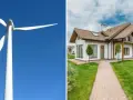 Wiatrak prądotwórczy na tle błękitnego nieba obok nowoczesnego domu z zielonym trawnikiem.