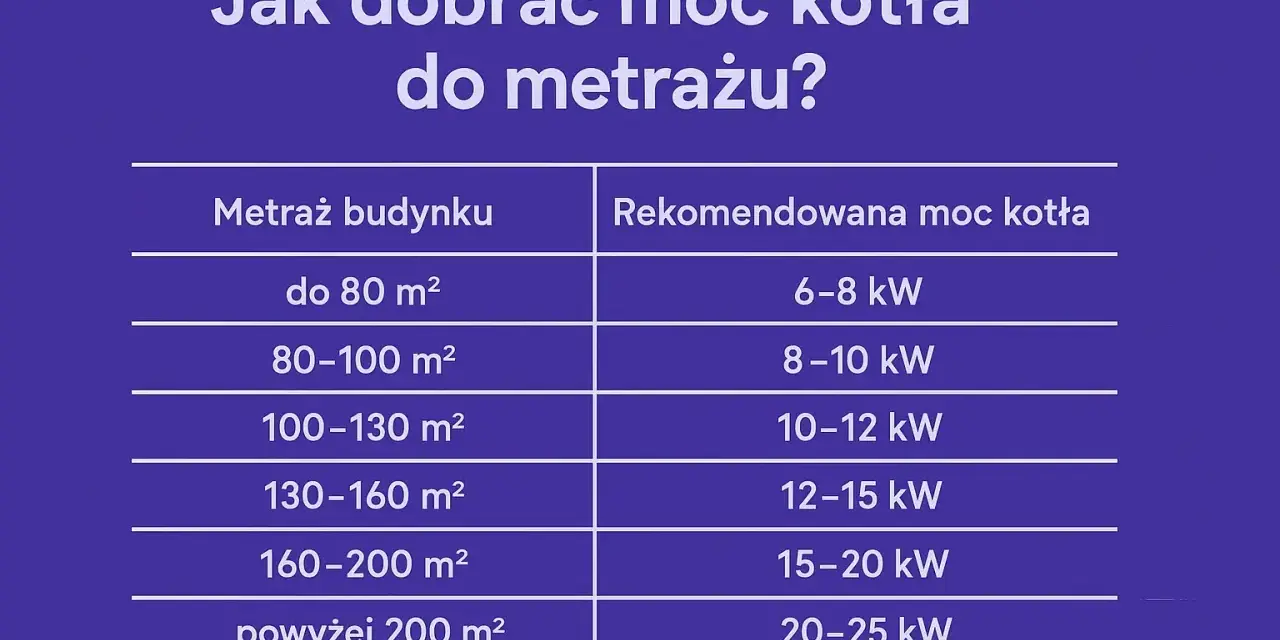 Tabela podpowiada, jak obliczyć moc przyłączeniową kotła do metrażu budynku, od 6-8 kW dla 80 m² do 20-25 kW dla powyżej 200 m².