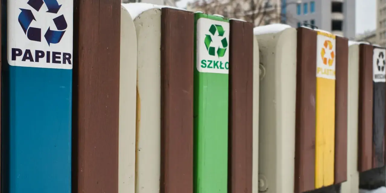 Segregacja odpadów w firmie: pojemniki na papier, szkło, plastik i inne. Zimowy krajobraz miejski.