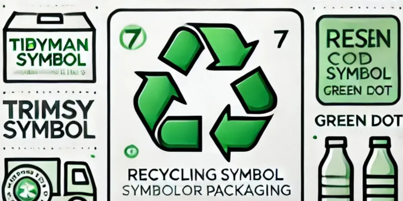 Centralny znak recyklingu na opakowaniach, otoczony innymi symbolami i butelkami.