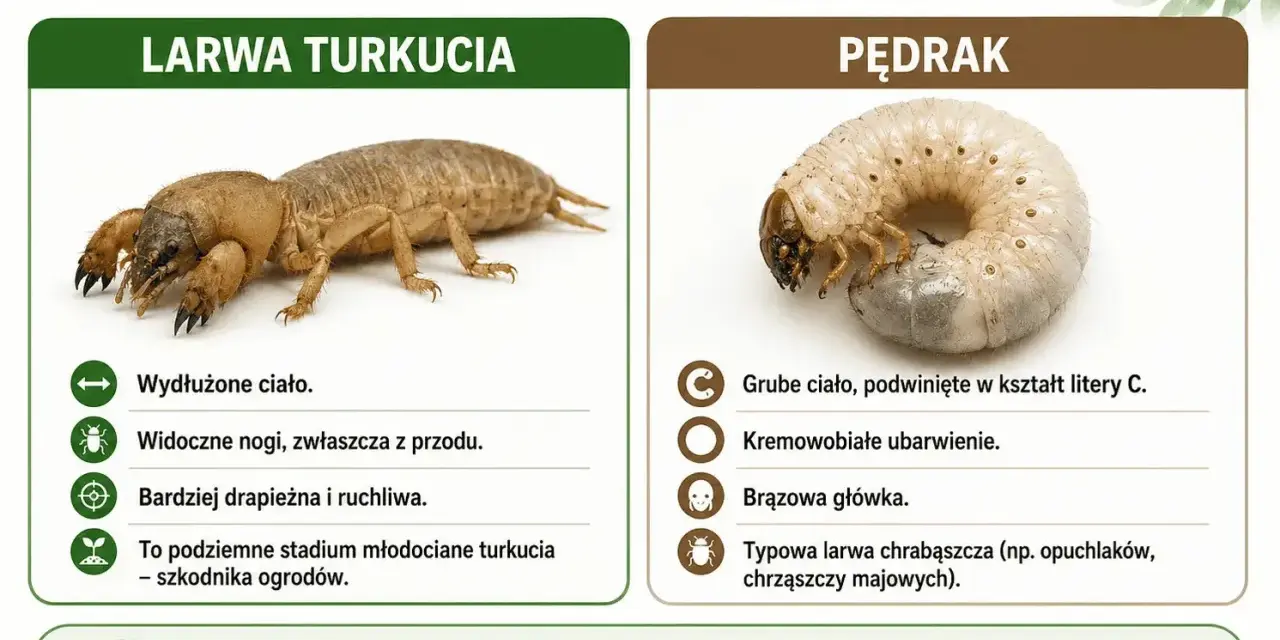 Porównanie larwy turkucia i pędraka. Larwa turkucia jest wydłużona i ruchliwa, pędrak gruby i zwinięty w C.