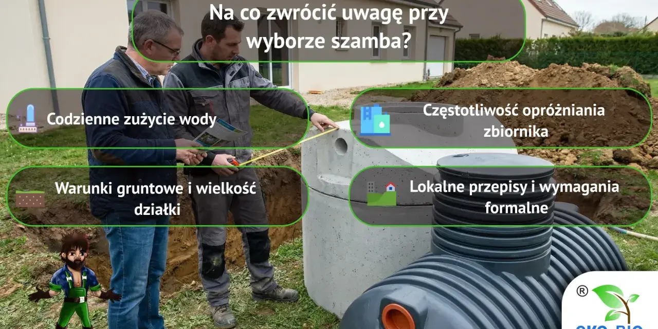 Wybór szamba dla 5-osobowej rodziny: codzienne zużycie wody, warunki gruntowe, częstotliwość opróżniania i przepisy.