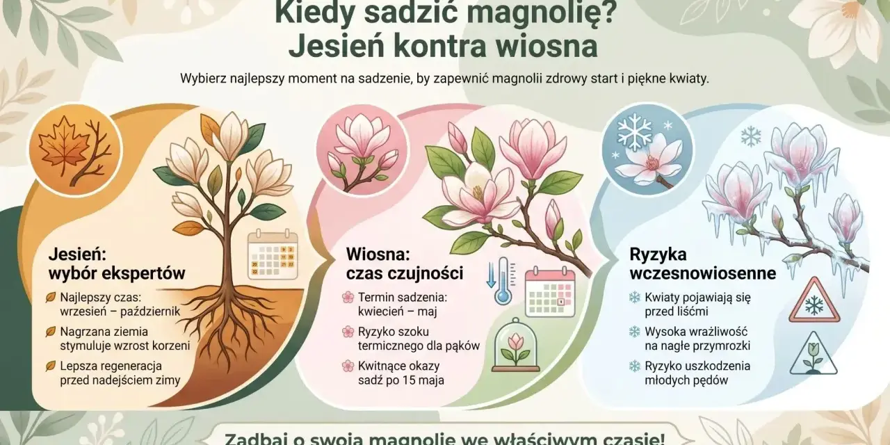 Kiedy sadzić magnolię? Wiosną kwiecień-maj, ale jesień (wrzesień-październik) jest lepsza dla regeneracji korzeni. Unikaj przymrozków.