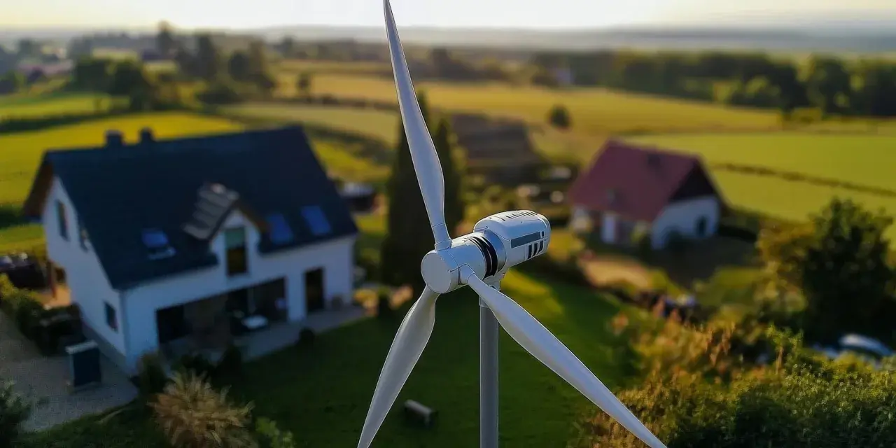 Nowoczesne turbiny wiatrowe domowe zapewniają czystą energię dla domów na tle zielonych pól i sielskiego krajobrazu.