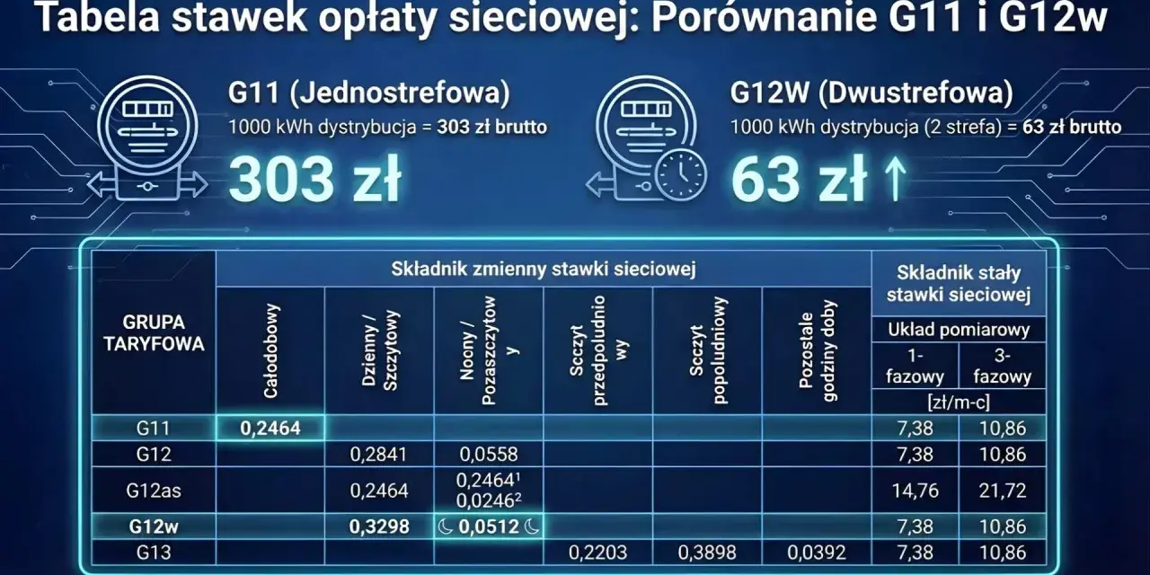 Porównanie taryf G11 i G12w dla fotowoltaiki: G11 kosztuje 303 zł, G12w 63 zł za 1000 kWh. Tabela pokazuje stawki.