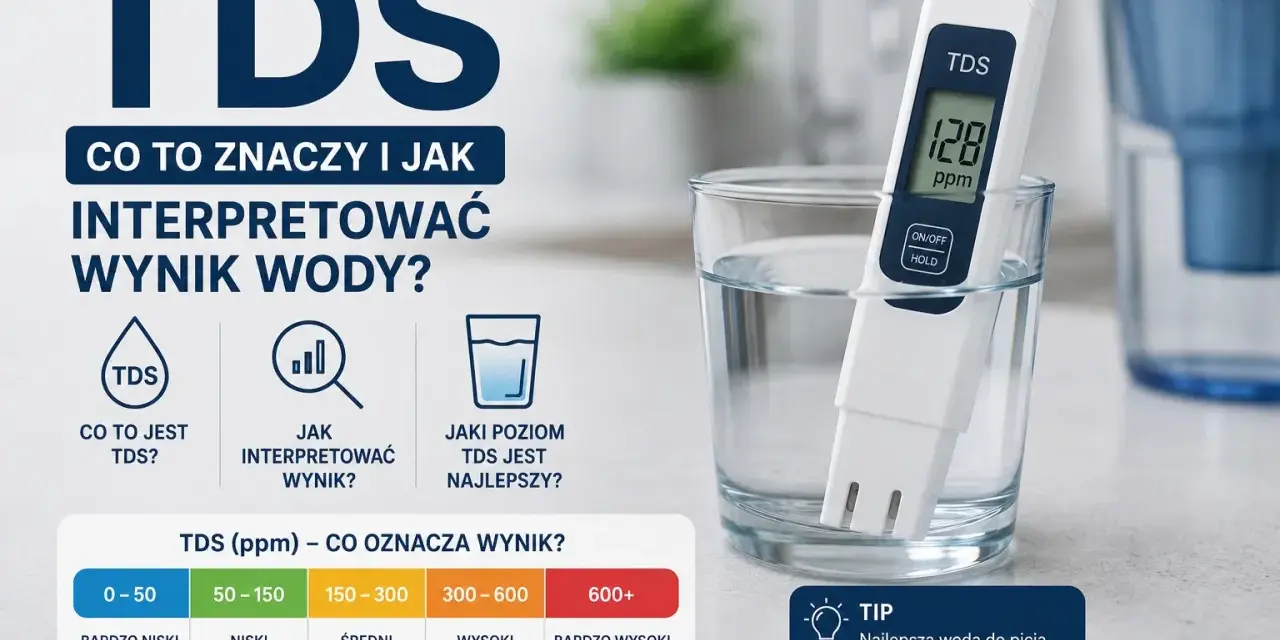 Miernik TDS w szklance wody pokazuje 128 ppm. Obok tabela interpretacji wyników TDS, wskazująca, że najlepsza woda do picia ma 50-300 ppm.