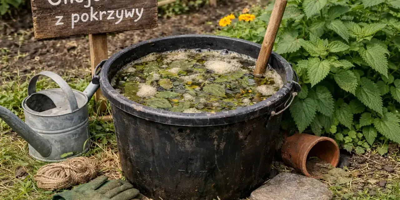 Gnojówka z pokrzywy gotowa do podlewania pomidorów. W czarnym wiadrze fermentują liście pokrzywy, obok konewka i rękawice ogrodnicze.