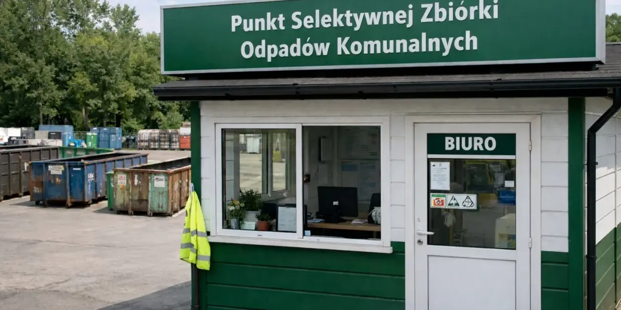 Punkt selektywnej zbiórki odpadów komunalnych. Widać tu kontenery na śmieci, w tym potencjalny kosz na styropian.