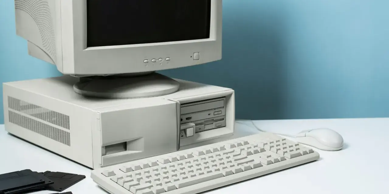 Stary komputer stacjonarny z monitorem CRT, klawiaturą, myszką i kilkoma dyskietkami.