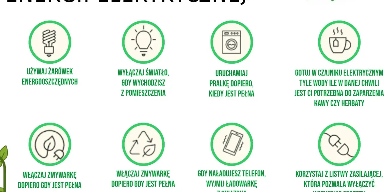 Jak zmniejszyć zużycie prądu? Wskazówki: używaj żarówek energooszczędnych, wyłączaj światło, uruchamiaj pralkę/zmywarkę gdy są pełne, wyjmuj ładowarkę z gniazdka.