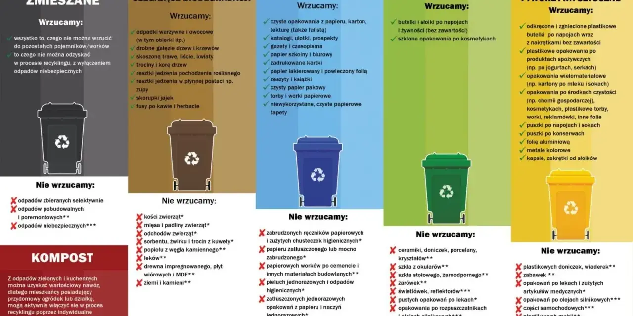 Pszok co to? To zasady segregacji odpadów komunalnych: zmieszane, biodegradowalne, papier, szkło, metale i tworzywa sztuczne, kompost.