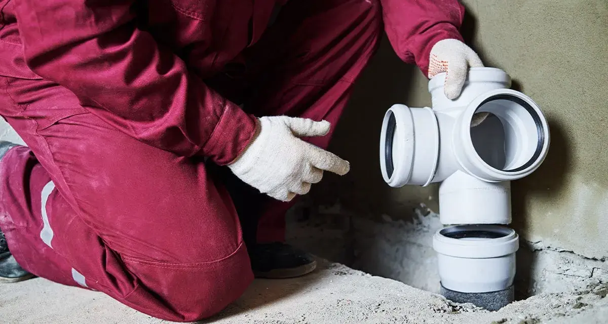 Instalator w czerwonym kombinezonie montuje białe rury kanalizacyjne. To część systemu odprowadzającego popłuczyny ze zmiękczacza wody.