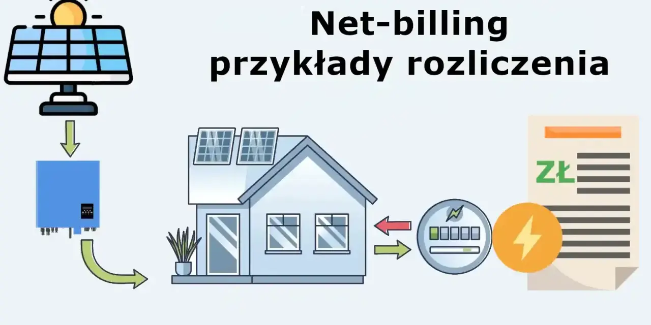 Schemat ilustruje, jak rozliczana jest fotowoltaika w systemie net-billing. Energia ze słońca trafia do domu, a nadwyżki są sprzedawane.