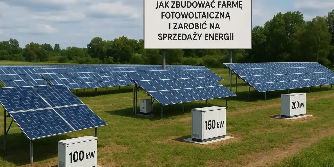 Rozległa budowa farmy fotowoltaicznej z rzędami paneli słonecznych i skrzynkami z oznaczeniami mocy. Tablica informuje o budowie farmy i sprzedaży energii.