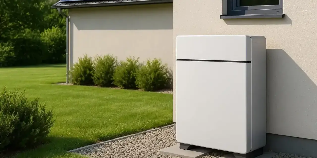 Nowoczesny magazyn energii do fotowoltaiki 10 kW stoi obok domu z panelami słonecznymi na dachu.