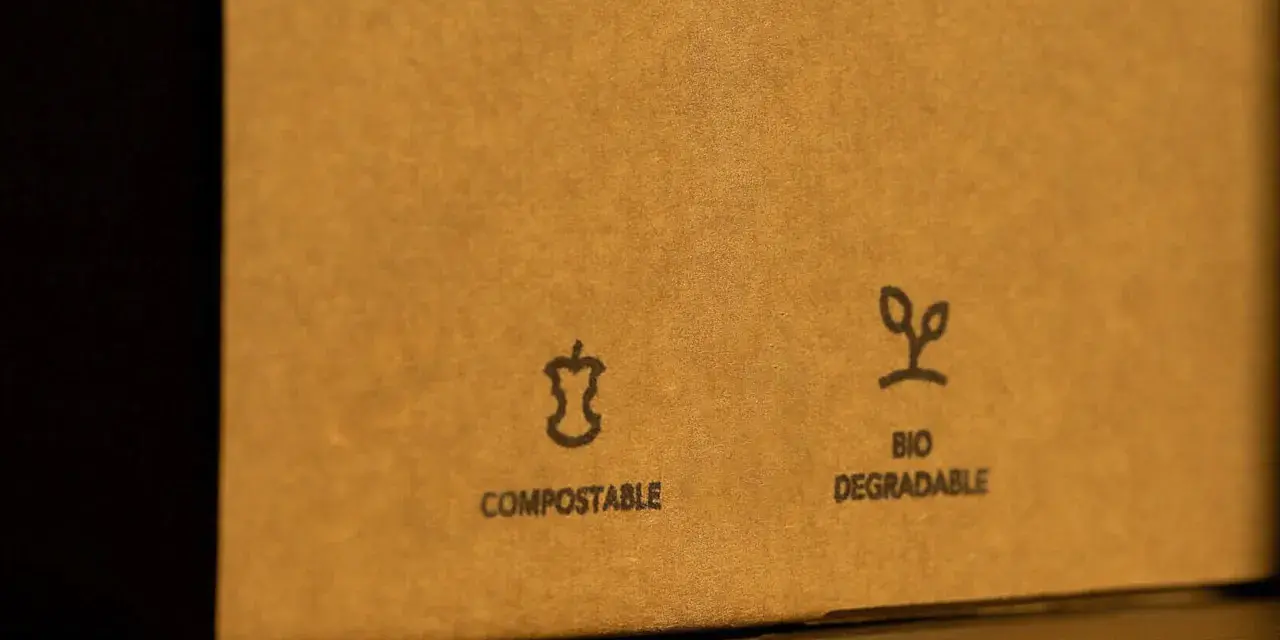 Na brązowym opakowaniu widnieje znak opakowanie biodegradowalne. Obok symbolu jabłka i napisu "COMPOSTABLE" znajduje się symbol kiełkującej rośliny z napisem "BIO DEGRADABLE".