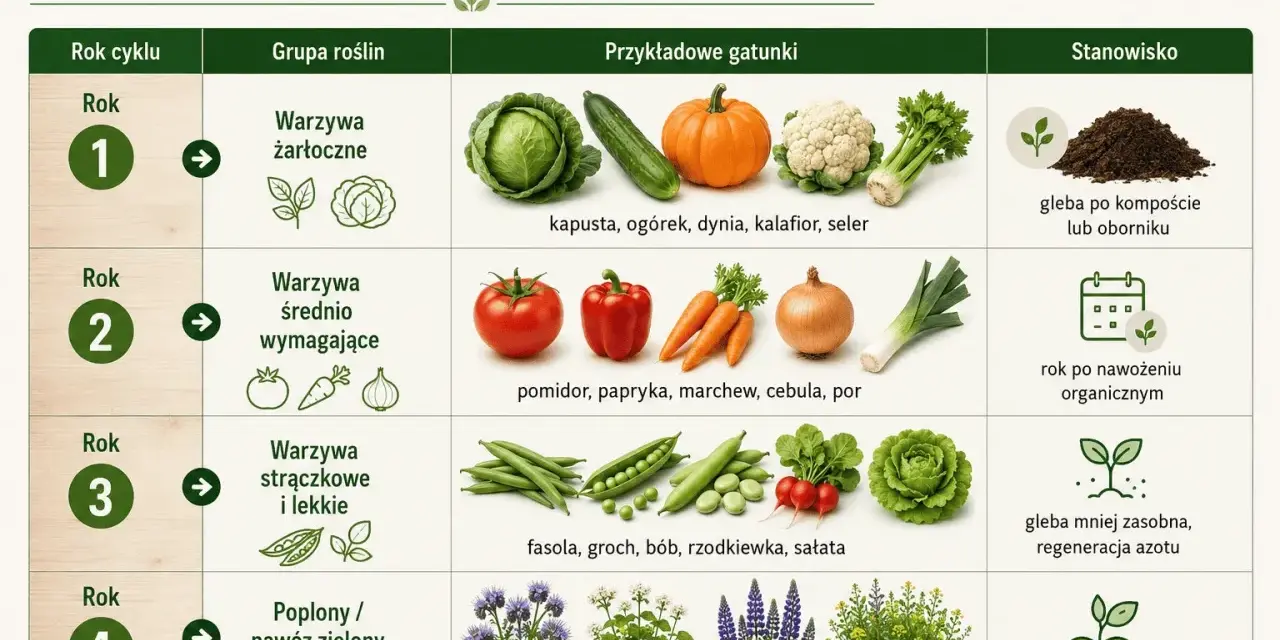 Płodozmian warzyw: po ogórkach (żarłocznych) siej warzywa średnio wymagające, strączkowe lub poplony.