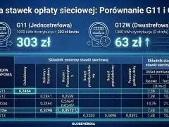 Porównanie taryf G11 i G12w dla fotowoltaiki: G11 kosztuje 303 zł, G12w 63 zł za 1000 kWh. Tabela pokazuje stawki.