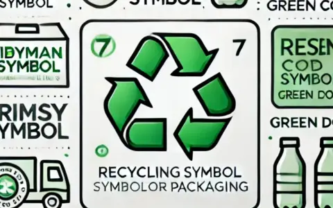 Centralny znak recyklingu na opakowaniach, otoczony innymi symbolami i butelkami.