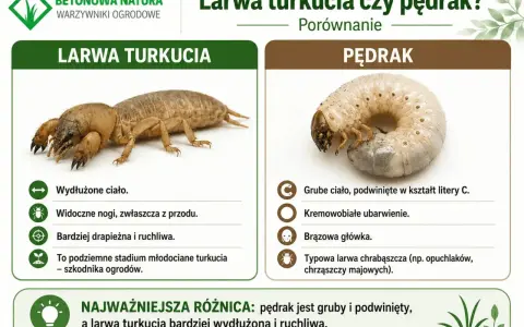 Porównanie larwy turkucia i pędraka. Larwa turkucia jest wydłużona i ruchliwa, pędrak gruby i zwinięty w C.