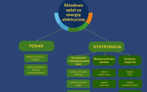 Schemat składający się z dwóch głównych kategorii: TOWAR i DYSTRYBUCJA, przedstawiający składowe opłat za energię elektryczną, np. w taryfie c11.