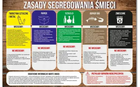 Plakat "Zasady segregowania śmieci" pokazuje, co wrzucać do pojemników na tworzywa sztuczne, papier, szkło, odpady bio i zmieszane. Wskazuje też przykłady odpadów niebezpiecznych.