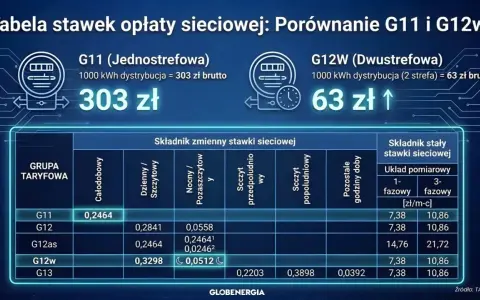 Porównanie taryf G11 i G12w dla fotowoltaiki: G11 kosztuje 303 zł, G12w 63 zł za 1000 kWh. Tabela pokazuje stawki.