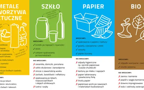 Segregacja odpadów: metale i tworzywa sztuczne, szkło, papier, bio. Wrzucamy plastikowe butelki, opakowania, kartony, gazety. Nie wyrzucamy ceramiki, papieru lakierowanego, ziemi.