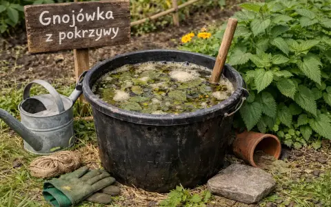 Gnojówka z pokrzywy gotowa do podlewania pomidorów. W czarnym wiadrze fermentują liście pokrzywy, obok konewka i rękawice ogrodnicze.