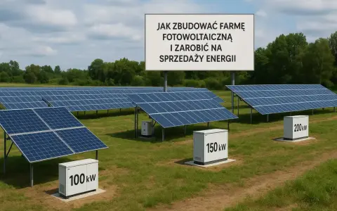 Rozległa budowa farmy fotowoltaicznej z rzędami paneli słonecznych i skrzynkami z oznaczeniami mocy. Tablica informuje o budowie farmy i sprzedaży energii.