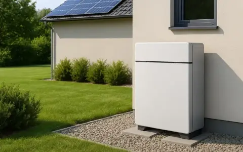 Nowoczesny magazyn energii do fotowoltaiki 10 kW stoi obok domu z panelami słonecznymi na dachu.