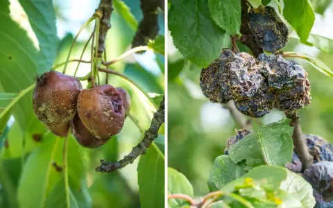 Zgnilizna drzew pestkowych objawia się na owocach wiśni i śliw, które pokryte są pleśnią i gniją.