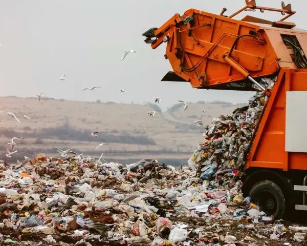 Pomarańczowa śmieciarka wysypuje odpady na wysypisku. Wokół latają mewy. Zastanawiasz się, gdzie oddać plastiki samochodowe? To miejsce nie jest odpowiednie.