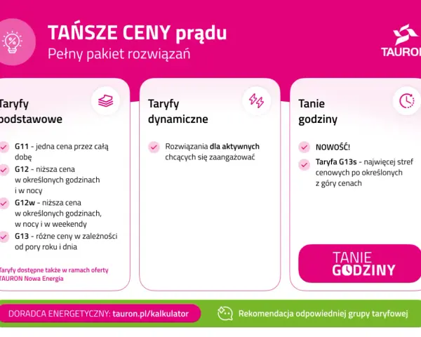 Tauron oferuje różne taryfy prądu: podstawowe, dynamiczne i tanie godziny. Wybierz najlepszą dla siebie, by korzystać z niższych cen.