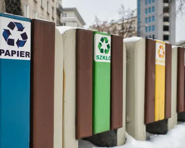 Segregacja odpadów w firmie: pojemniki na papier, szkło, plastik i inne. Zimowy krajobraz miejski.