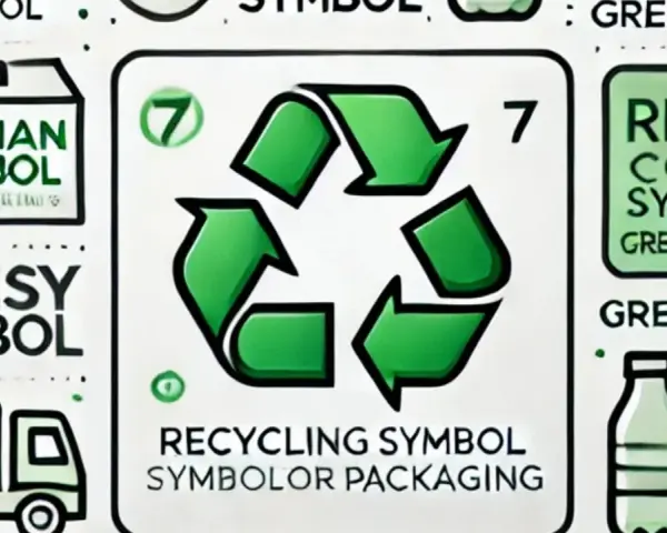 Centralny znak recyklingu na opakowaniach, otoczony innymi symbolami i butelkami.
