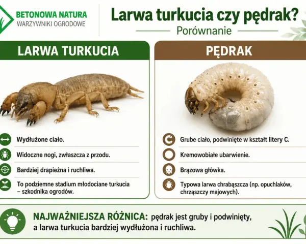 Porównanie larwy turkucia i pędraka. Larwa turkucia jest wydłużona i ruchliwa, pędrak gruby i zwinięty w C.