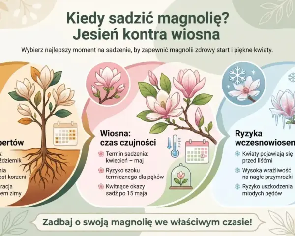 Kiedy sadzić magnolię? Wiosną kwiecień-maj, ale jesień (wrzesień-październik) jest lepsza dla regeneracji korzeni. Unikaj przymrozków.