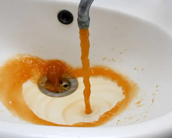 Brązowa woda z kranu, prawdopodobnie z powodu manganu w wodzie pitnej, tworzy rdzawy osad w białej umywalce.
