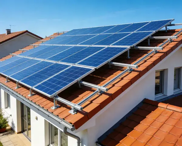 Panele fotowoltaiczne na dachu domu, zapewniające niezależność energetyczną. Fotowoltaika bez podłączenia do sieci to przyszłość.