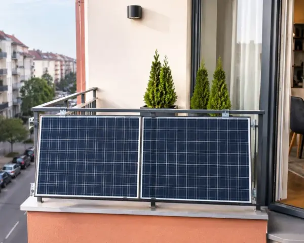 Dwa panele fotowoltaiczne na tarasie, z widokiem na ulicę i kamienice. Zielone tuje dodają uroku tej ekologicznej instalacji.