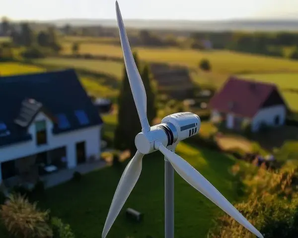 Nowoczesne turbiny wiatrowe domowe zapewniają czystą energię dla domów na tle zielonych pól i sielskiego krajobrazu.