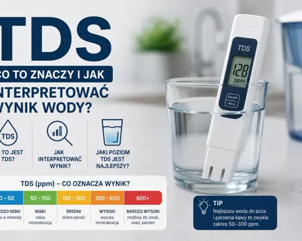 Miernik TDS w szklance wody pokazuje 128 ppm. Obok tabela interpretacji wyników TDS, wskazująca, że najlepsza woda do picia ma 50-300 ppm.