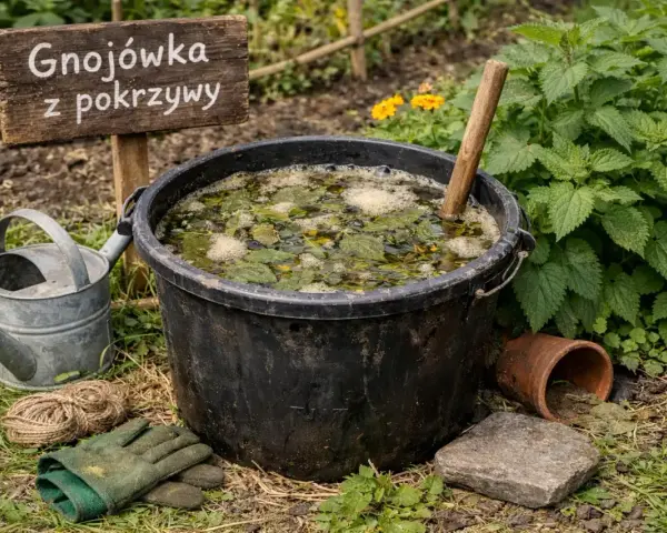Gnojówka z pokrzywy gotowa do podlewania pomidorów. W czarnym wiadrze fermentują liście pokrzywy, obok konewka i rękawice ogrodnicze.