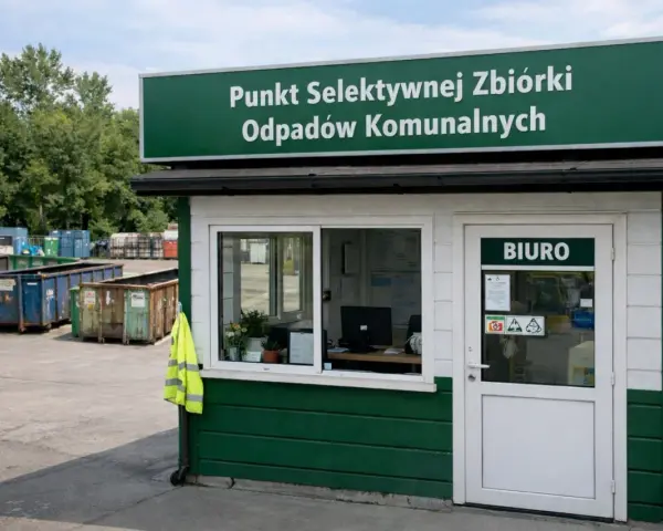 Punkt selektywnej zbiórki odpadów komunalnych. Widać tu kontenery na śmieci, w tym potencjalny kosz na styropian.