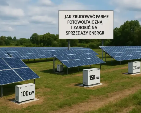 Rozległa budowa farmy fotowoltaicznej z rzędami paneli słonecznych i skrzynkami z oznaczeniami mocy. Tablica informuje o budowie farmy i sprzedaży energii.