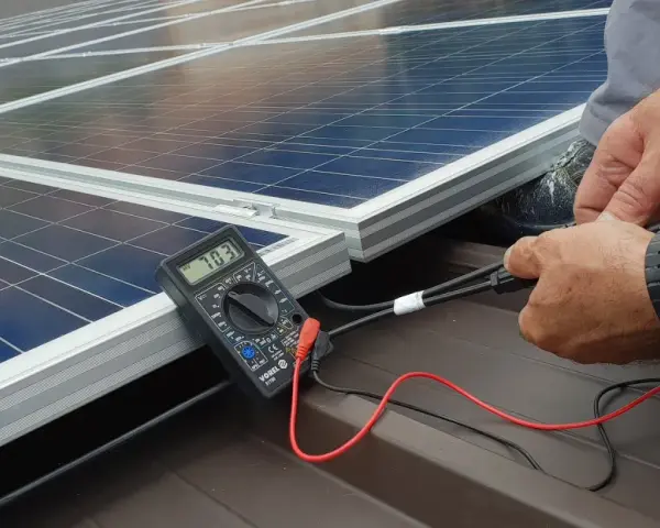 Instalator sprawdza napięcie paneli fotowoltaicznych. Dofinansowanie fotowoltaika dla firm ułatwia inwestycje w zieloną energię.