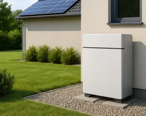Nowoczesny magazyn energii do fotowoltaiki 10 kW stoi obok domu z panelami słonecznymi na dachu.