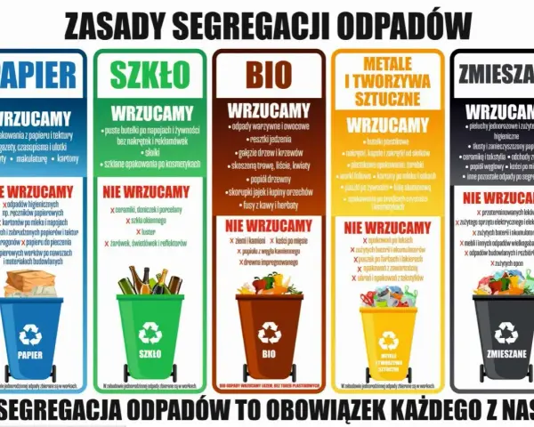Segregacja odpadów: papier, szkło, bio, metale i tworzywa sztuczne, zmieszane. Wrzucamy butelki plastikowe, nakrętki, kapsle i zakrętki od słoików.